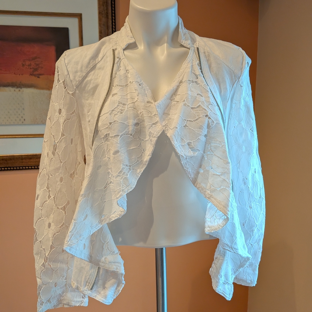 INC International Concepts White Linen & Lace Waterfall Moto Jacket
